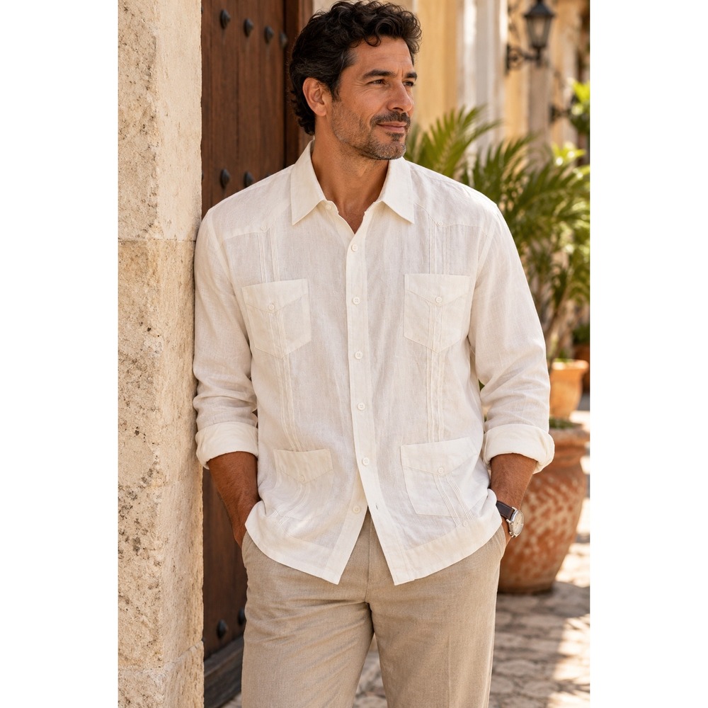 Cubavera Mens 100 Linen Guayabera Shirt White Ivory Cuban 4 Pocket XL L/S